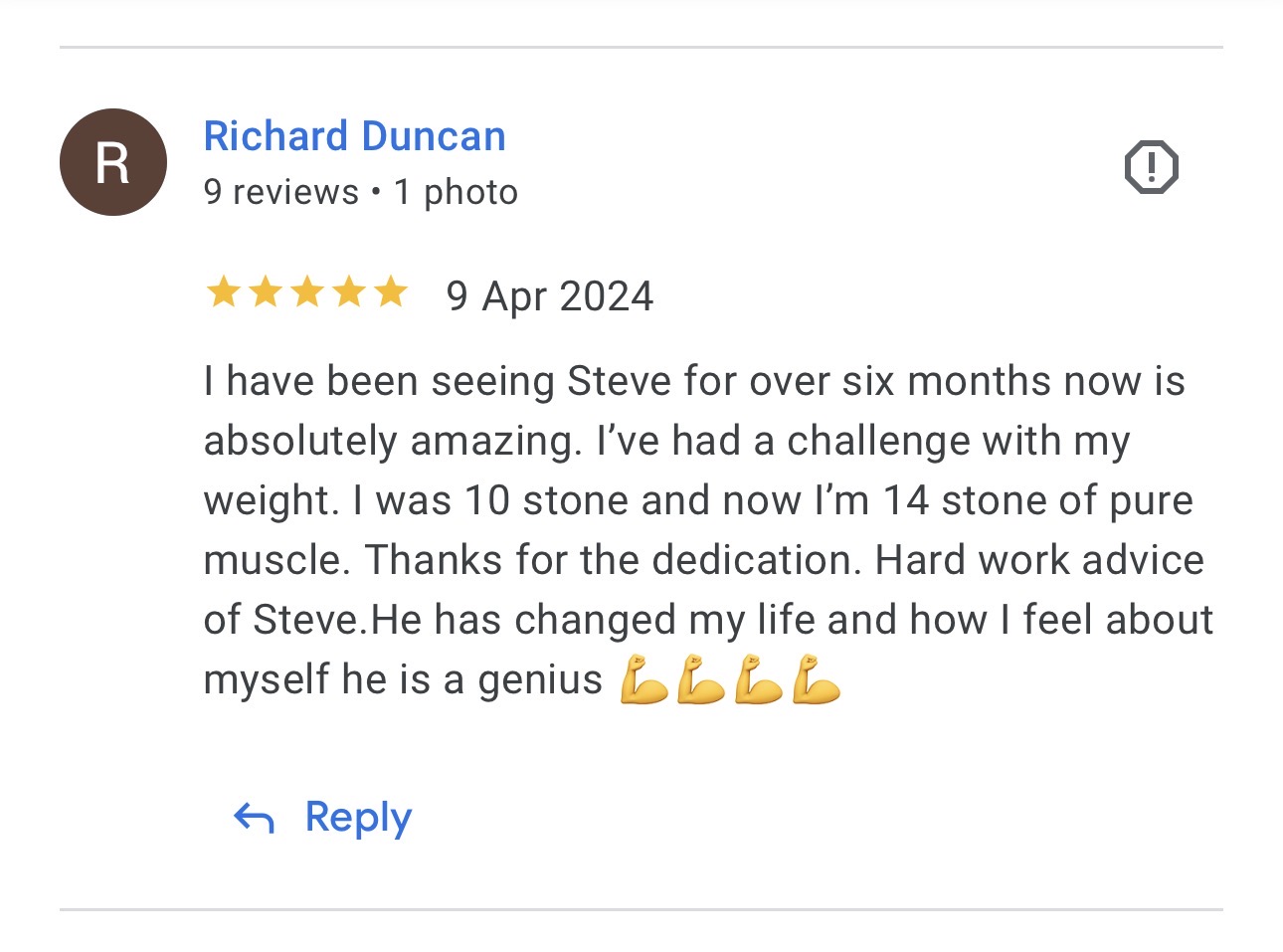 Screenshot Richard Duncan - Client review for Personal trainer Stephen Devine Tunbridge Wells