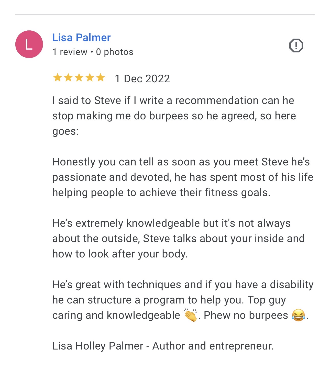 Screenshot Lisa Palmer - Client review for Personal trainer Stephen Devine Tunbridge Wells