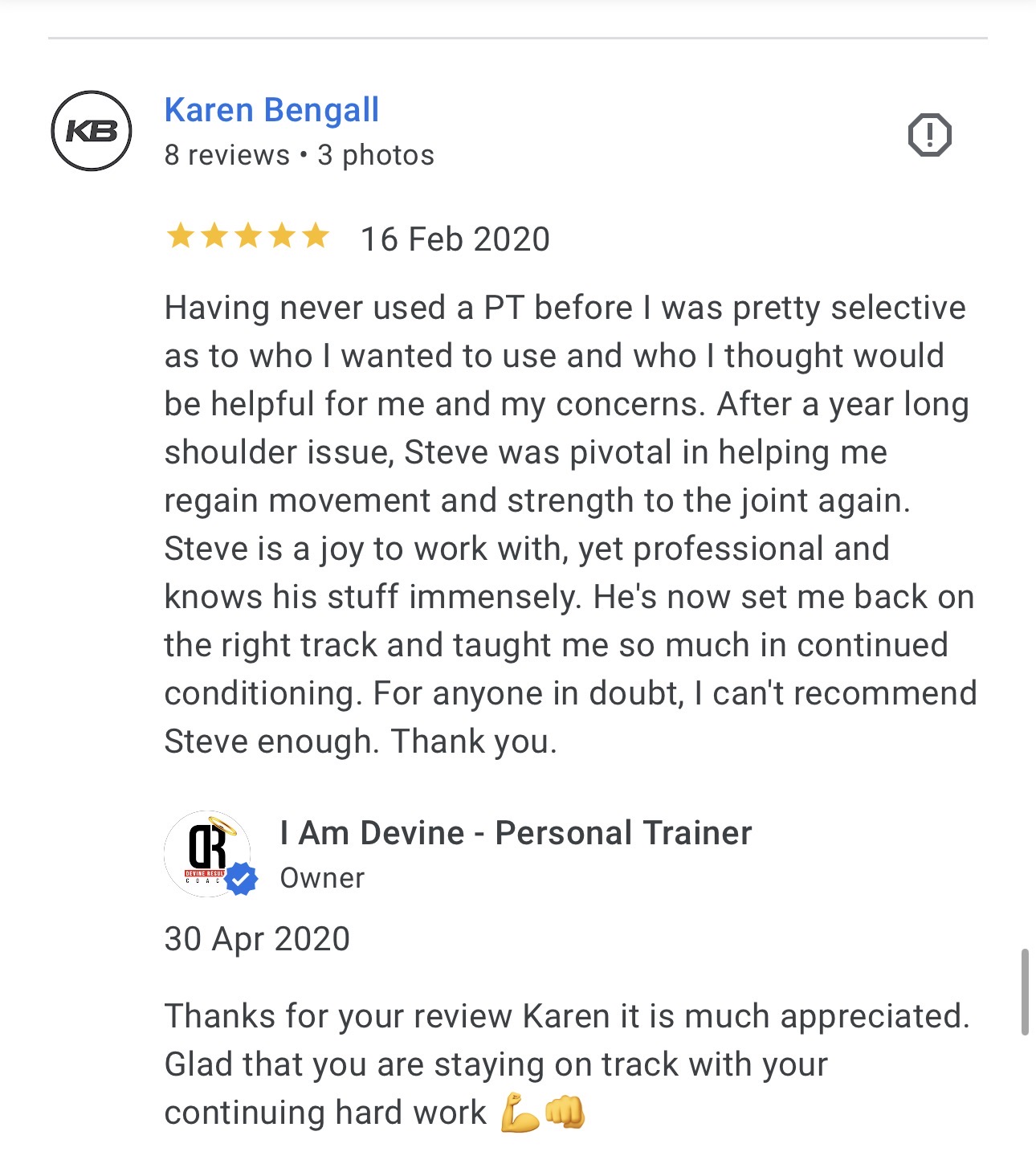 Client Review Karen Bengall - Client review for Personal trainer Stephen Devine Tunbridge Wells